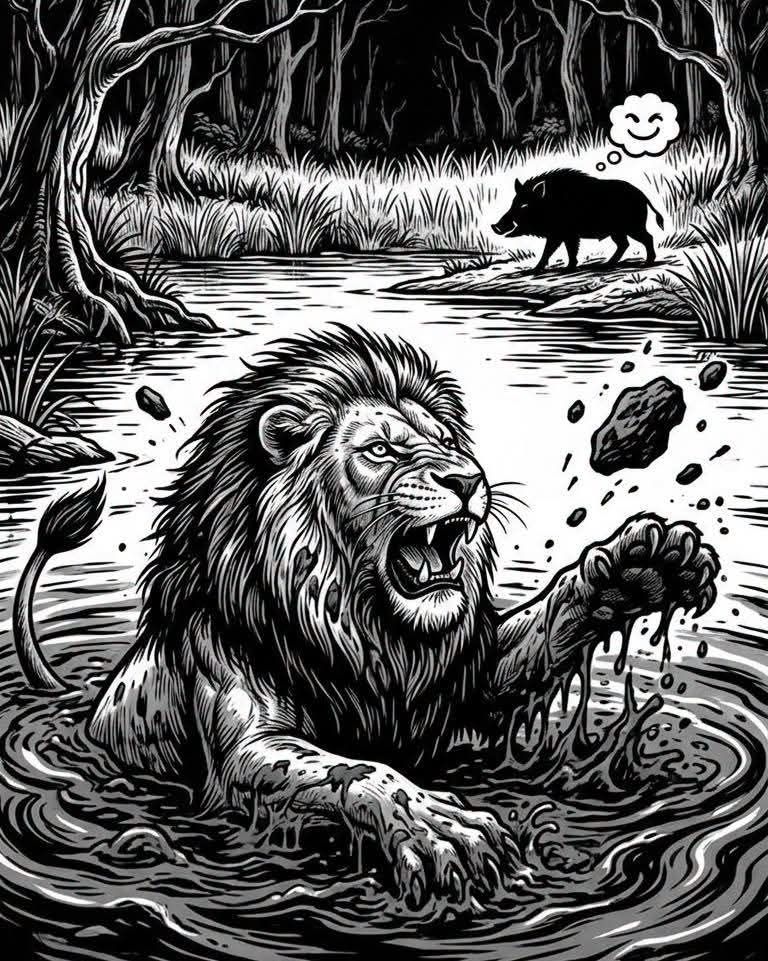 La historia del león, el rey de la selva, y un jabalí.
