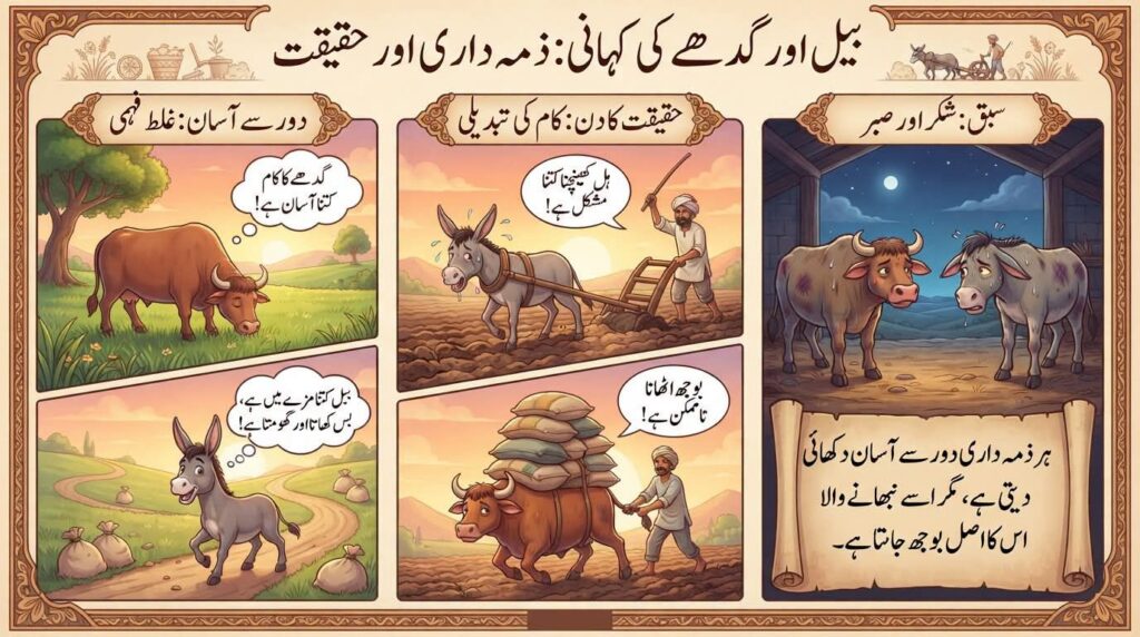 بیل اور ایک محنتی گدھا۔